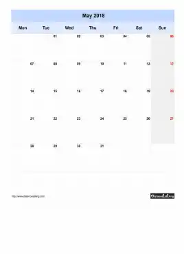Blank Calendar May 2018 One Month Per Page Mon To Sun