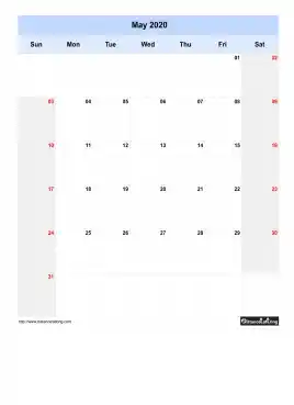 Blank Calendar May 2020 One Month Per Page Sun To Sat
