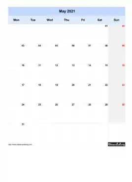 Blank Calendar May 2021 One Month Per Page Mon To Sun