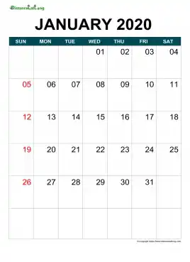 Blank Calendar Month On Each Page Blue Sun Sat Portrait 2020