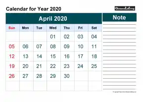Blank Calendar Monthly April Landscape 2020