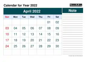 Blank Calendar Monthly April Landscape 2022