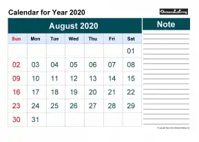 Blank Calendar Monthly August Landscape 2020