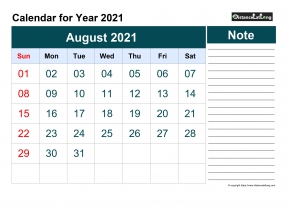 Blank Calendar Monthly August Landscape 2021