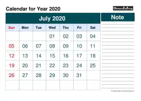 Blank Calendar Monthly July Landscape 2020
