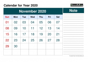 Blank Calendar Monthly November Landscape 2020