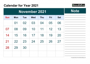 Blank Calendar Monthly November Landscape 2021