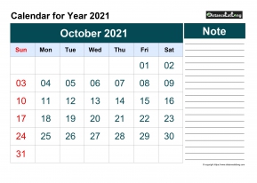 Blank Calendar Monthly October Landscape 2021