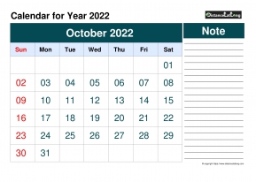Blank Calendar Monthly October Landscape 2022