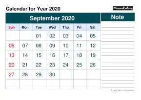 Blank Calendar Monthly September Landscape 2020