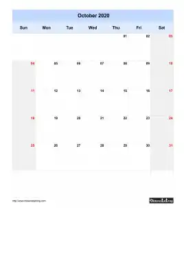 Blank Calendar October 2020 One Month Per Page Sun To Sat