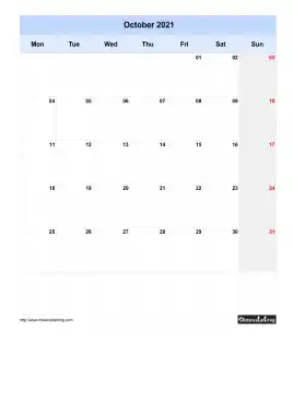 Blank Calendar October 2021 One Month Per Page Mon To Sun