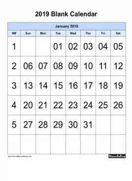 Blank Calendar With Large Font Center Align 2019 One Month Per Page Sun To Sat With Header Background Color