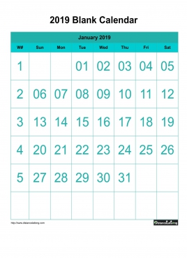 Blank Calendar With Large Font Center Align 2019 One Month Per Page Sun To Sat With Header Lightseagreen Background Color