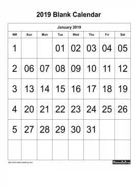 Blank Calendar With Large Font Center Align 2019 One Month Per Page Sun To Sat