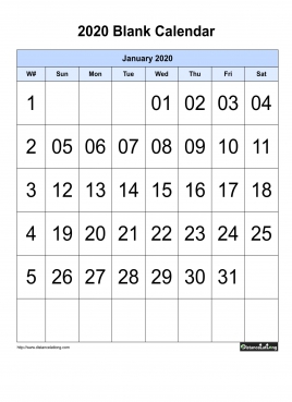 Blank Calendar With Large Font Center Align 2020 One Month Per Page Sun To Sat With Header Background Color