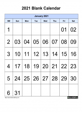 Blank Calendar With Large Font Center Align 2021 One Month Per Page Sun To Sat With Header Background Color