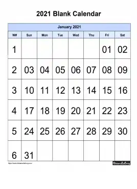 Blank Calendar With Large Font Center Align 2021 One Month Per Page Sun To Sat With Header Background Color