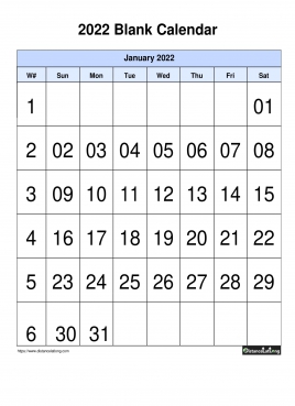 Blank Calendar With Large Font Center Align 2022 One Month Per Page Sun To Sat With Header Background Color