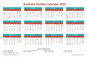 Calendar Horizintal Grid Mon Sun Australia Holiday Cheerful Bright Landscape 2022