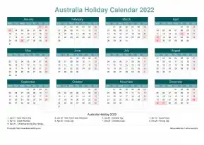 Calendar Horizintal Grid Mon Sun Australia Holiday Cool Blue Landscape 2022