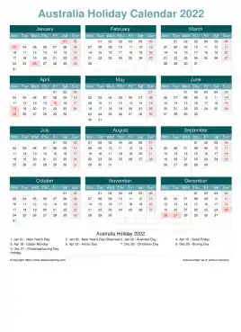 Calendar Horizintal Grid Mon Sun Australia Holiday Cool Blue Portrait 2022