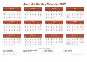 Calendar Horizintal Grid Mon Sun Australia Holiday Earth Landscape 2022