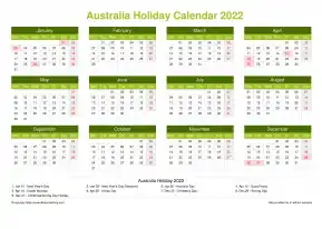 Calendar Horizintal Grid Mon Sun Australia Holiday Natural Landscape 2022