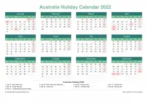 Calendar Horizintal Grid Mon Sun Australia Holiday Watery Blue Landscape 2022