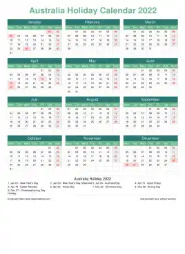 Calendar Horizintal Grid Mon Sun Australia Holiday Watery Blue Portrait 2022