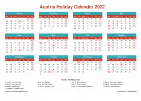 Calendar Horizintal Grid Mon Sun Austria Holiday Cheerful Bright Landscape 2022