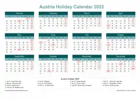 Calendar Horizintal Grid Mon Sun Austria Holiday Cool Blue Landscape 2022