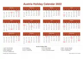 Calendar Horizintal Grid Mon Sun Austria Holiday Earth Landscape 2022