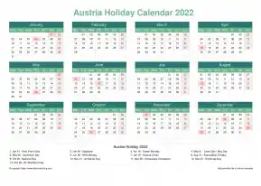 Calendar Horizintal Grid Mon Sun Austria Holiday Watery Blue Landscape 2022