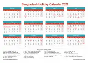 Calendar Horizintal Grid Mon Sun Bangladesh Holiday Cheerful Bright Landscape 2022