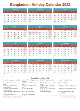 Calendar Horizintal Grid Mon Sun Bangladesh Holiday Cheerful Bright Portrait 2022