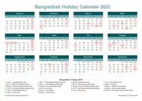 Calendar Horizintal Grid Mon Sun Bangladesh Holiday Cool Blue Landscape 2022