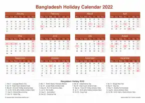Calendar Horizintal Grid Mon Sun Bangladesh Holiday Earth Landscape 2022