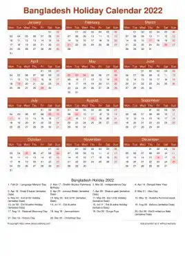 Calendar Horizintal Grid Mon Sun Bangladesh Holiday Earth Portrait 2022