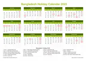 Calendar Horizintal Grid Mon Sun Bangladesh Holiday Natural Landscape 2022