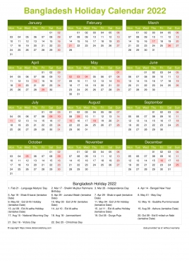 Calendar Horizintal Grid Mon Sun Bangladesh Holiday Natural Portrait 2022