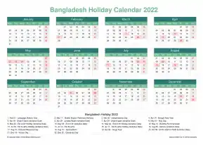 Calendar Horizintal Grid Mon Sun Bangladesh Holiday Watery Blue Landscape 2022