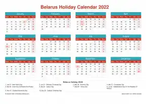 Calendar Horizintal Grid Mon Sun Belarus Holiday Cheerful Bright Landscape 2022