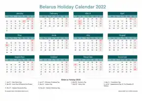 Calendar Horizintal Grid Mon Sun Belarus Holiday Cool Blue Landscape 2022
