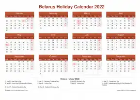 Calendar Horizintal Grid Mon Sun Belarus Holiday Earth Landscape 2022