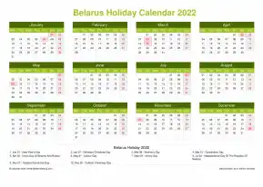 Calendar Horizintal Grid Mon Sun Belarus Holiday Natural Landscape 2022