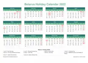 Calendar Horizintal Grid Mon Sun Belarus Holiday Watery Blue Landscape 2022