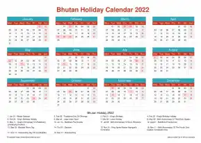 Calendar Horizintal Grid Mon Sun Bhutan Holiday Cheerful Bright Landscape 2022