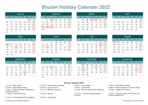 Calendar Horizintal Grid Mon Sun Bhutan Holiday Cool Blue Landscape 2022