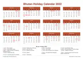 Calendar Horizintal Grid Mon Sun Bhutan Holiday Earth Landscape 2022